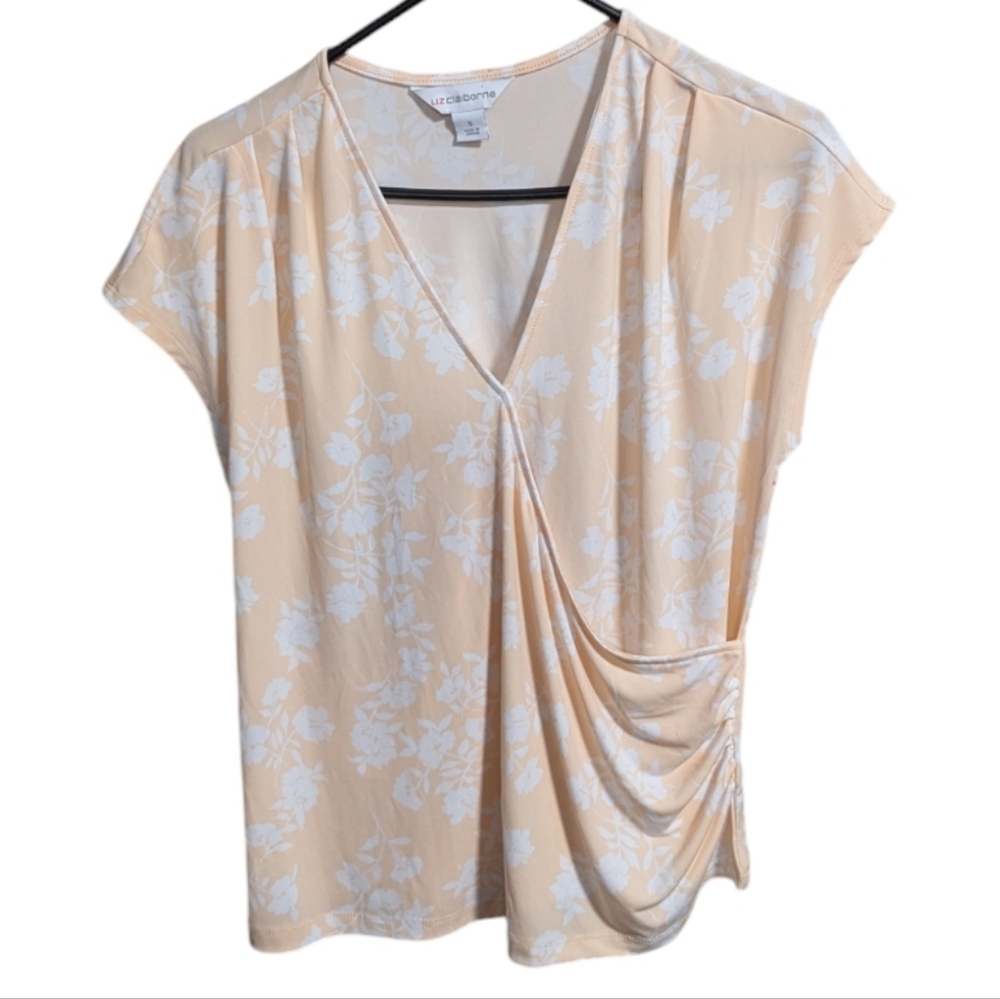 Liz Claiborne women's v neck blouse Small white floral faux wrap  w-193